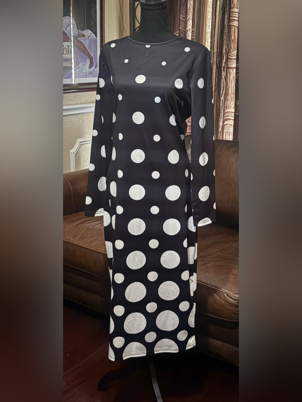 STYLEWE Black and White Polka Dot Long Sleeve Midi Dress